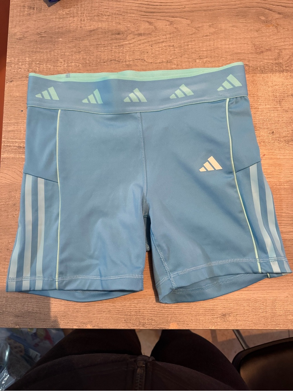 adidas Women's Sky Blue Athletic Bike Shorts with Mint Trim